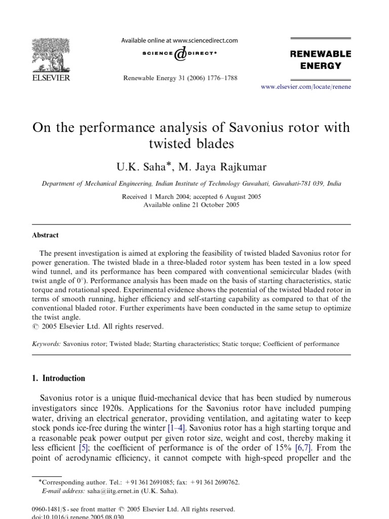 Performance of Twisted Savonius Rotor | PDF | Turbine | Torque