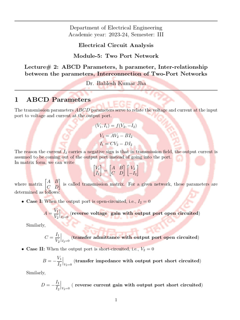 ABCD and h-Parameters in Two-Port Networks | PDF | Electromagnetism ...
