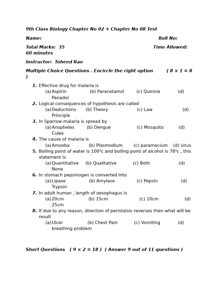 9th Bio Test | PDF
