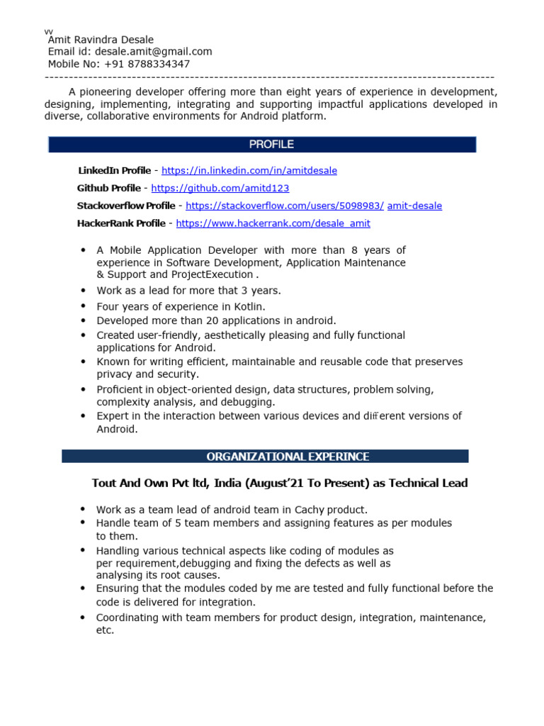 Experienced Android Developer Profile | PDF | Android (Operating System ...