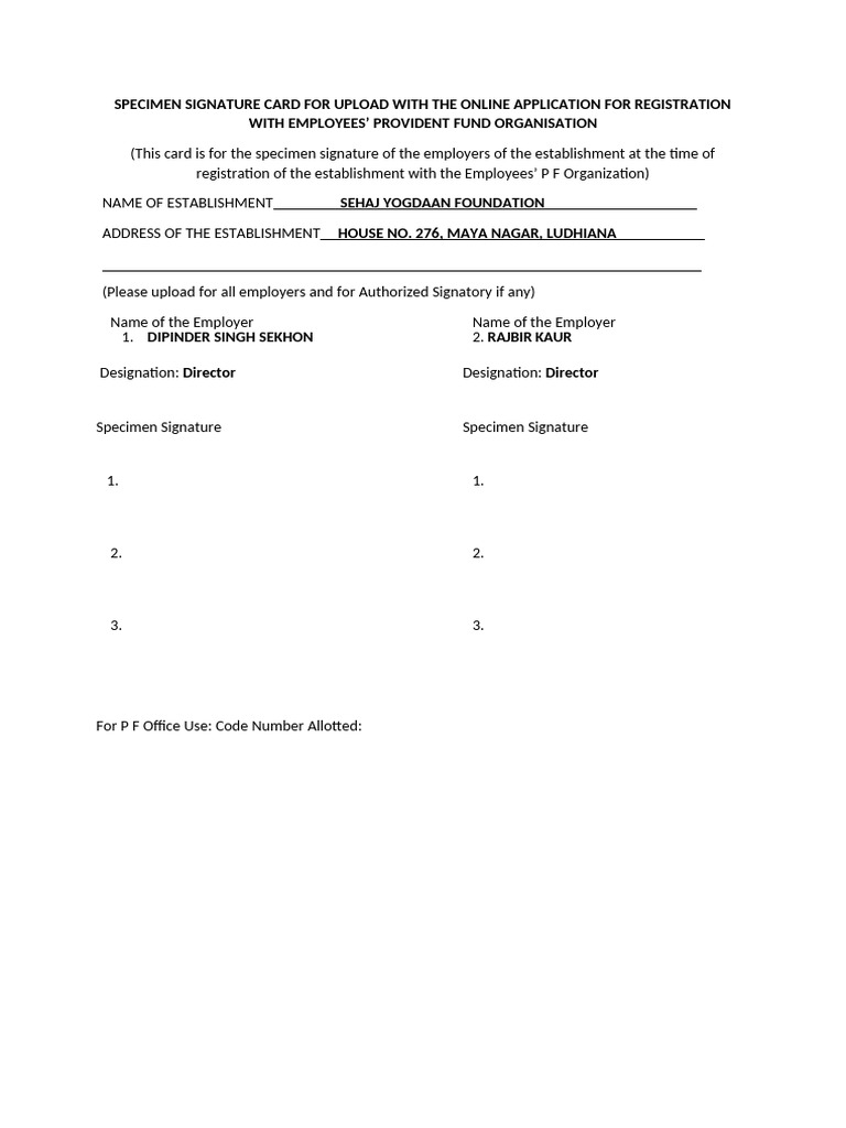 EPFO Specimen Signature Card Template | PDF