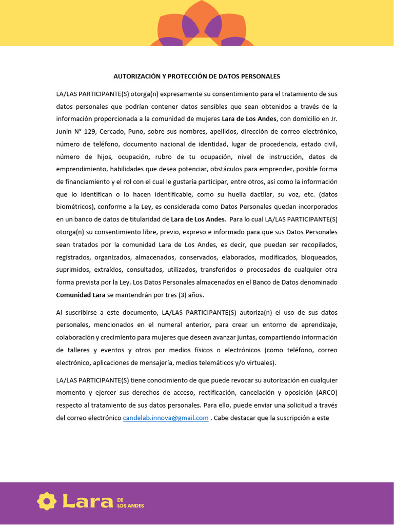 Autorización y Protección de Datos Personales Lara | PDF | Informática