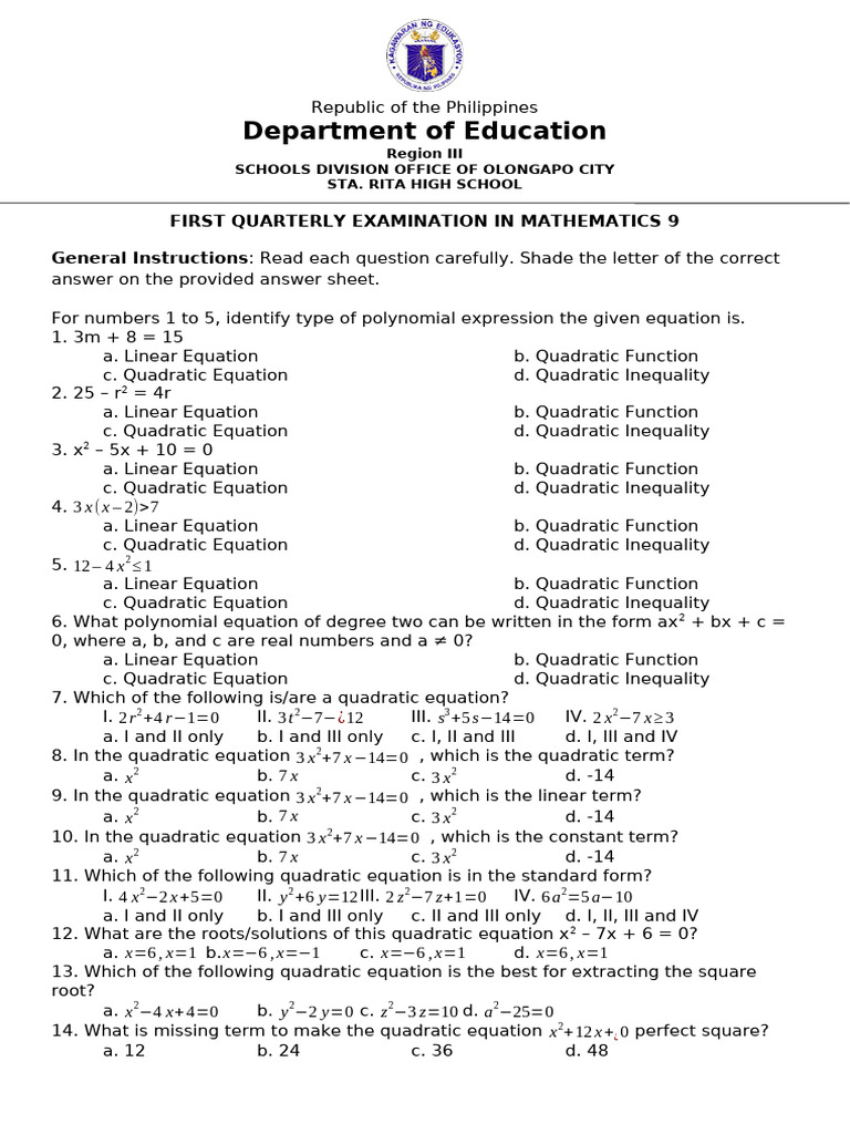 GRADE - 9 - Mathematics - 1st Quarterly Examination | PDF | Equations ...