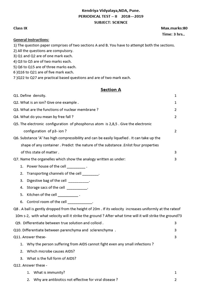KV 9th STD Half Yearly 2018 Science Question Paper | PDF | Tissue ...