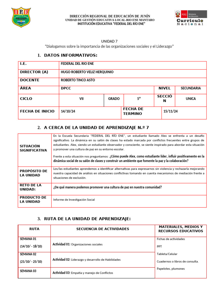 5º Unidad 7 DPCC - 2024 | PDF | Aprendizaje | Liderazgo