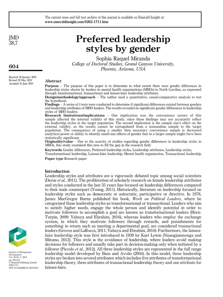 Preferred Leadership Styles by Gender | PDF | Student's T Test | Leadership