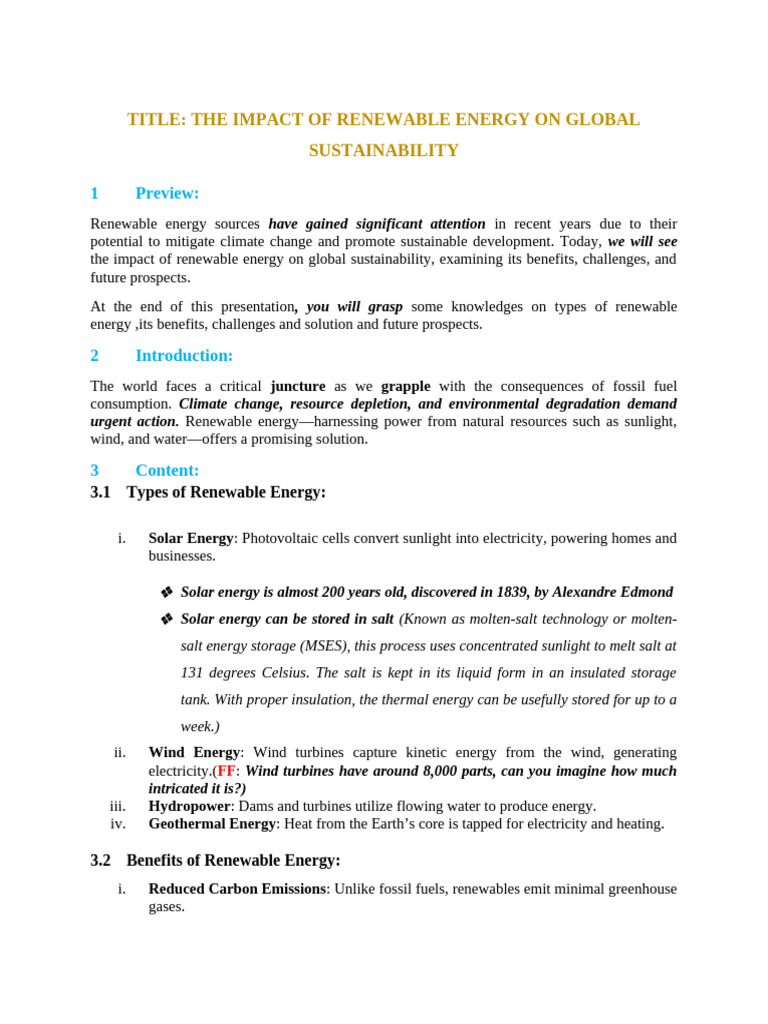 Title: The Impact of Renewable Energy On Global Sustainability | PDF ...