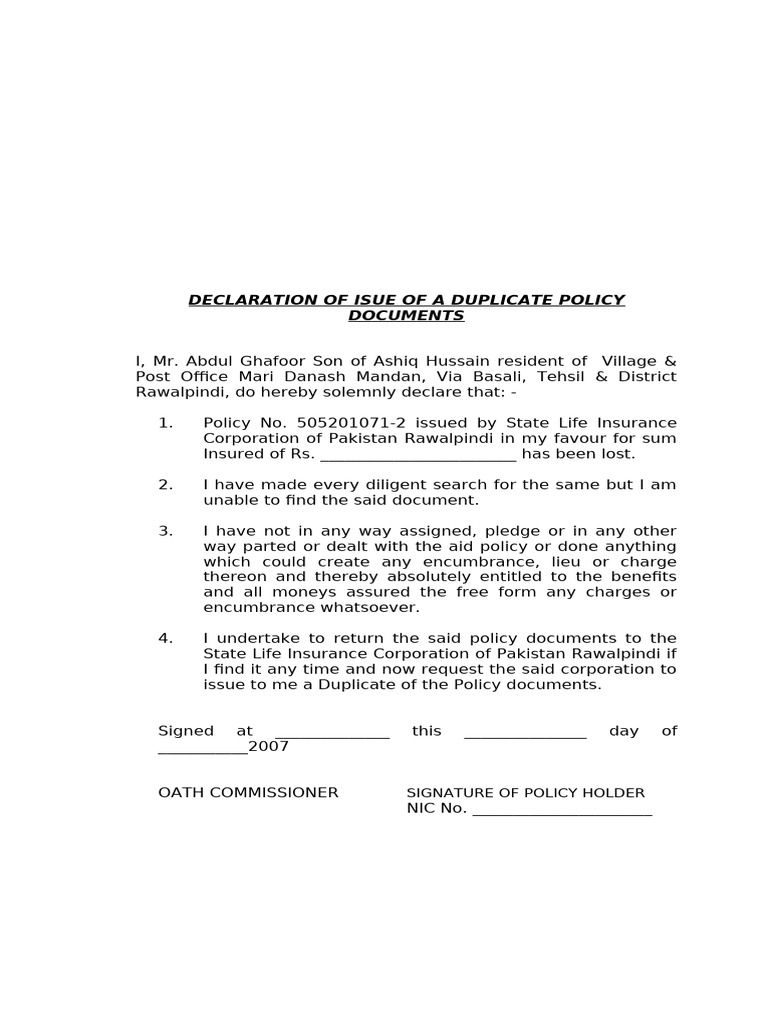 Sagheer (Duplicate Policy) | PDF | Insurance | Indemnity
