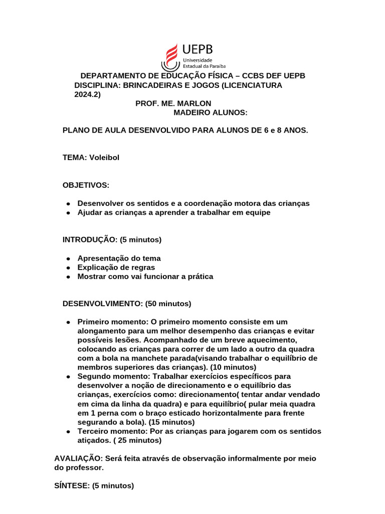 Plano de Aula: Voleibol para Crianças | PDF | Carreira e Crescimento