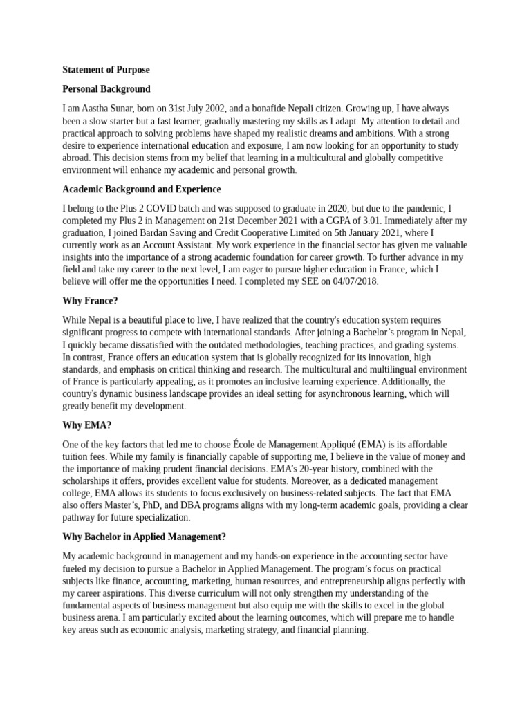 Statement of purpose personal background pdf learning experience