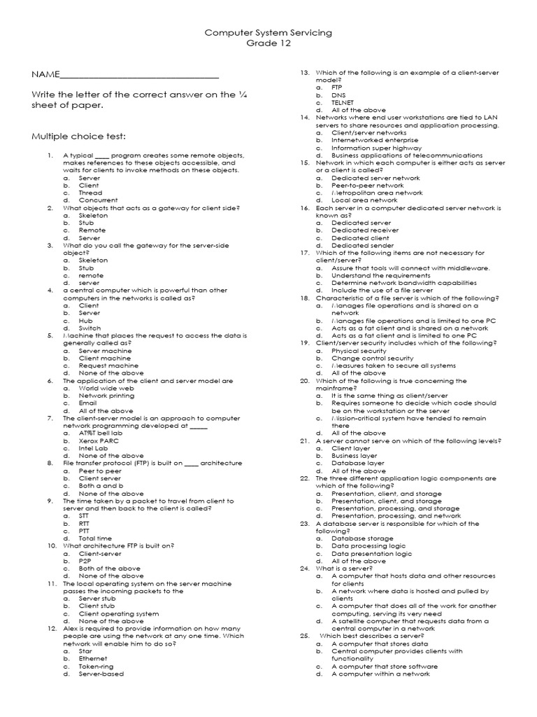 Client-Server Model Quiz for Grade 12 | PDF | Client–Server Model ...