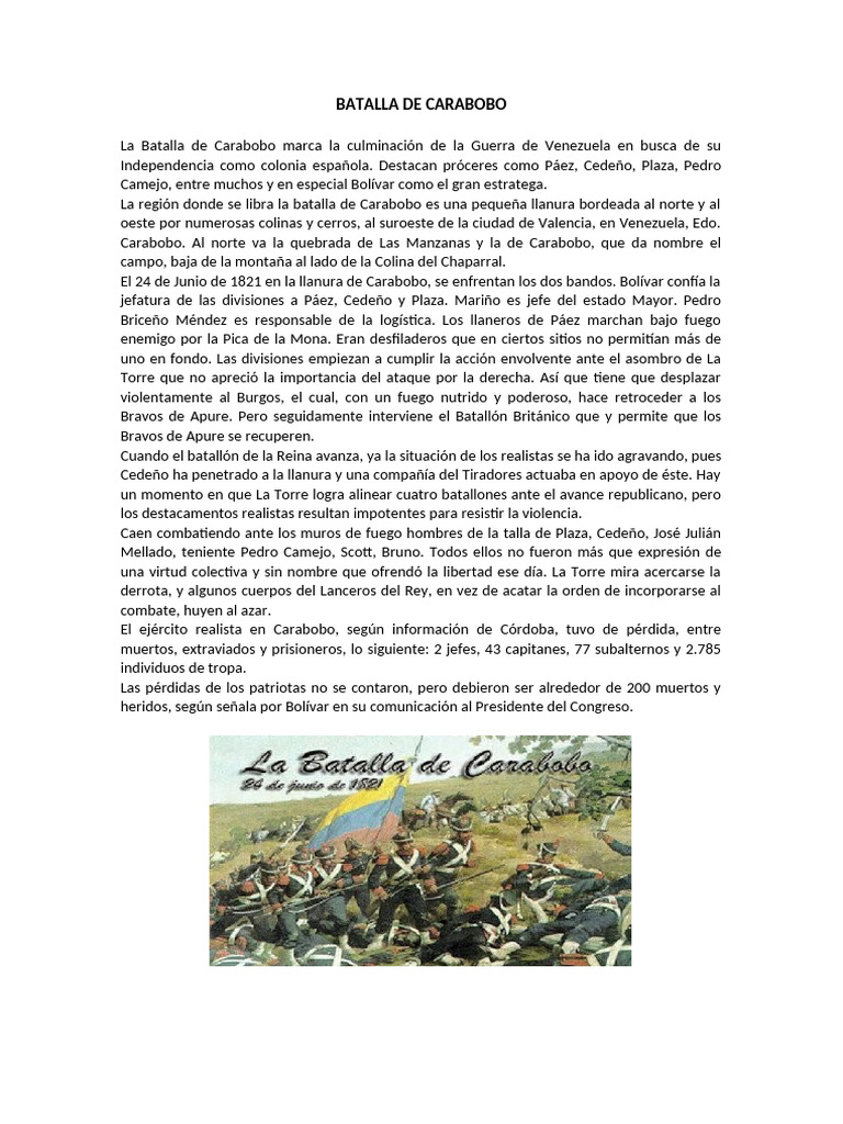 Batalla de Carabobo: Héroes y Estrategias | PDF | Conflictos del ...