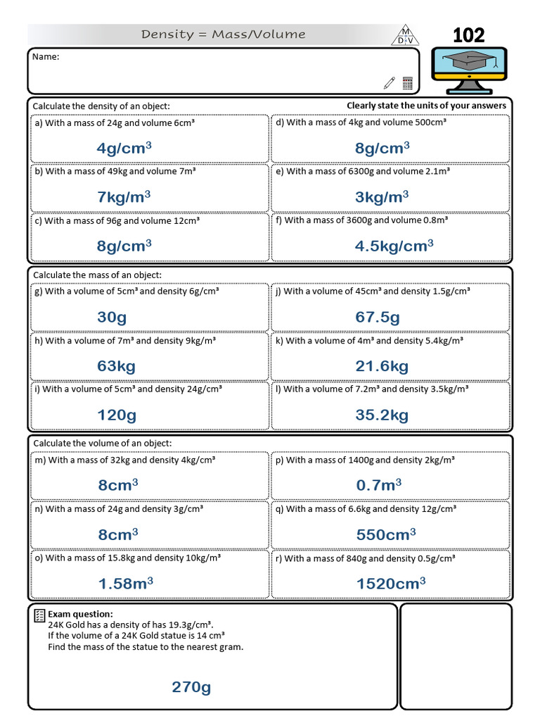 Answers - Density - Mass - Volume | PDF | Density | Physical Quantities