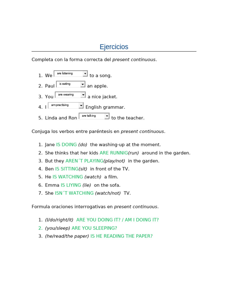 Ejercicios de Presente Progresivo | PDF | Language Arts & Discipline ...