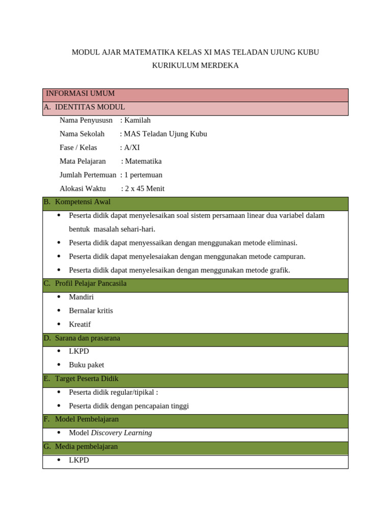 Modul Ajar Matematika Kelas XI SPLDV | PDF