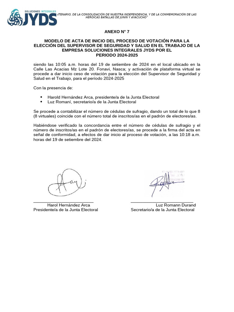 Acta de Inicio de Votación SST 2024-2025 | PDF