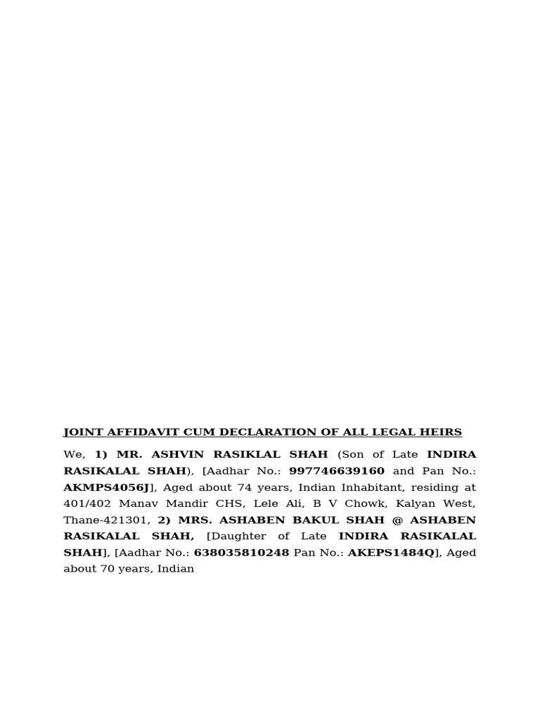 Joint Affidavit of Legal Heirs | PDF | Common Law