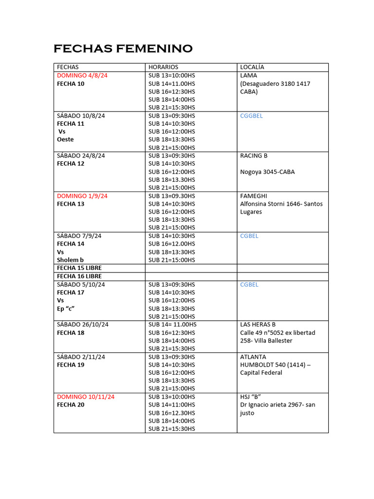 FECHAS FEMENINO Segunda Etap | PDF