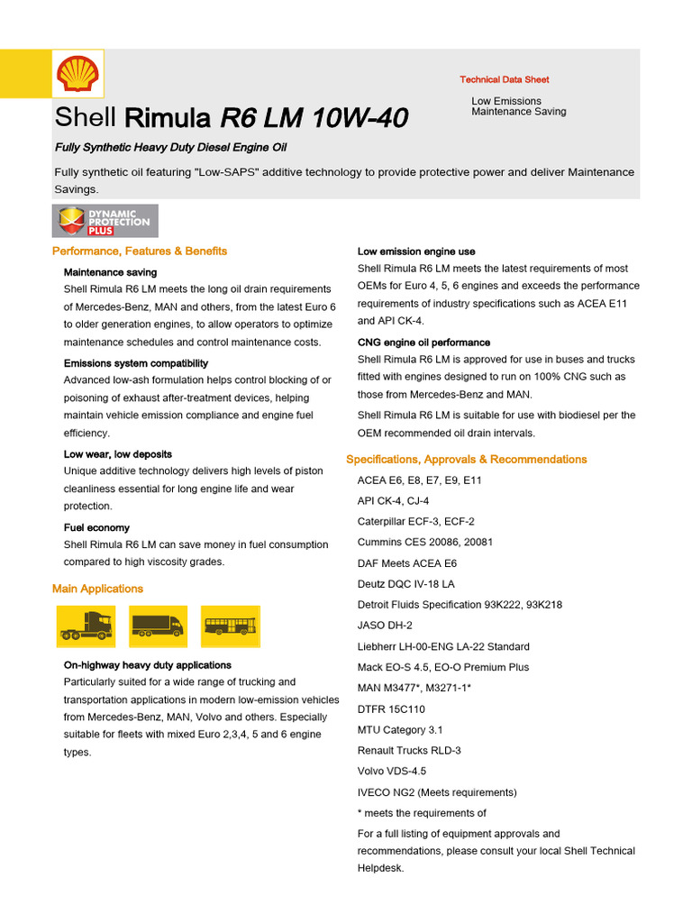 Shell Rimula R6 LM 10W-40 Overview | PDF | Motor Oil | Vehicles