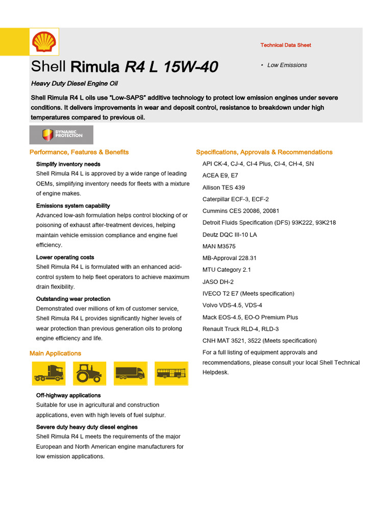 Shell Rimula R4 L 15W 40 TDS | PDF | Motor Oil | Engineering