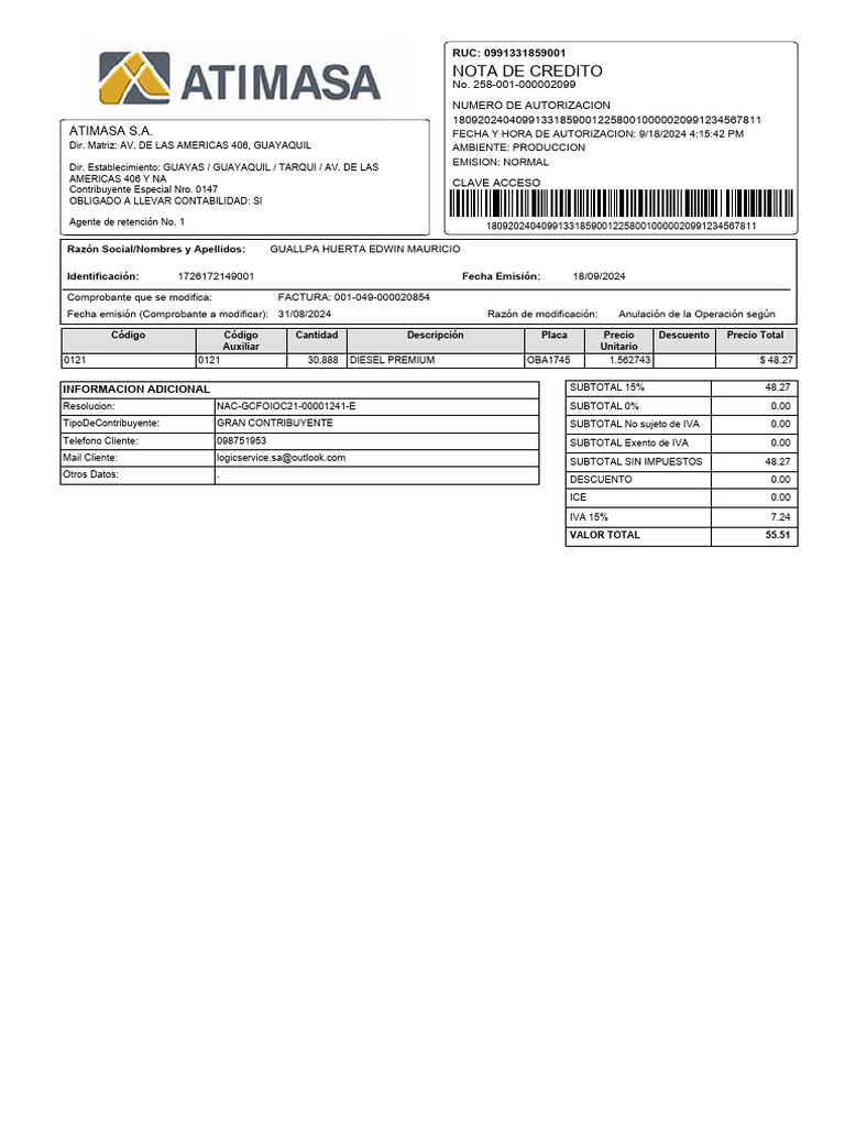 Atimasa NC 258 001 000002099 | PDF | Pagos | Impuestos