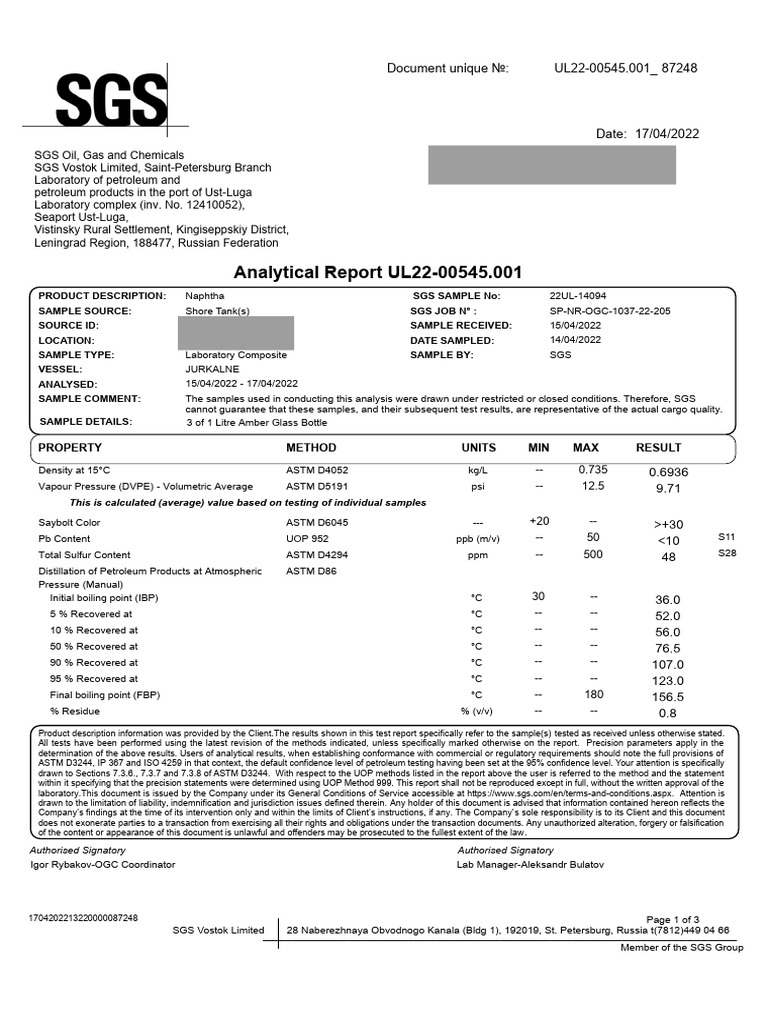 SGS Analytical Report for Naphtha | PDF