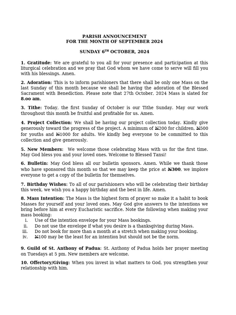 September 2024 Parish Announcements | PDF | Mass (Liturgy) | Blessing