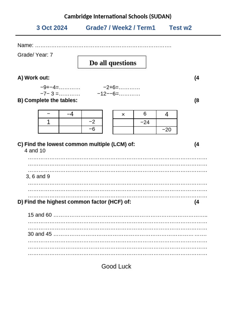 G7 - Test - Week1 - Thursday - 3rd Oct 2024 | PDF