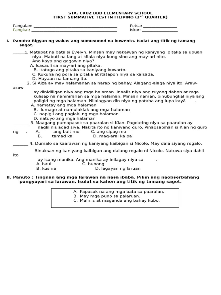 Filipino 1ST Summative With Tos Q2 | PDF