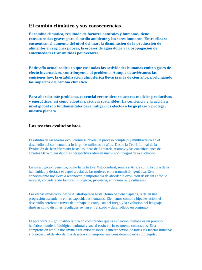 El Cambio Climático y Sus Consecuencias | PDF | Evolución | Humano