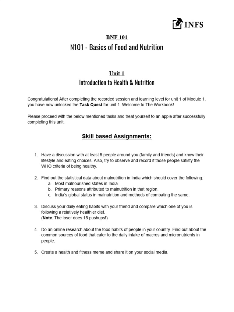 Basics of Food and Nutrition Tasks | PDF | Diet (Nutrition) | Diet ...
