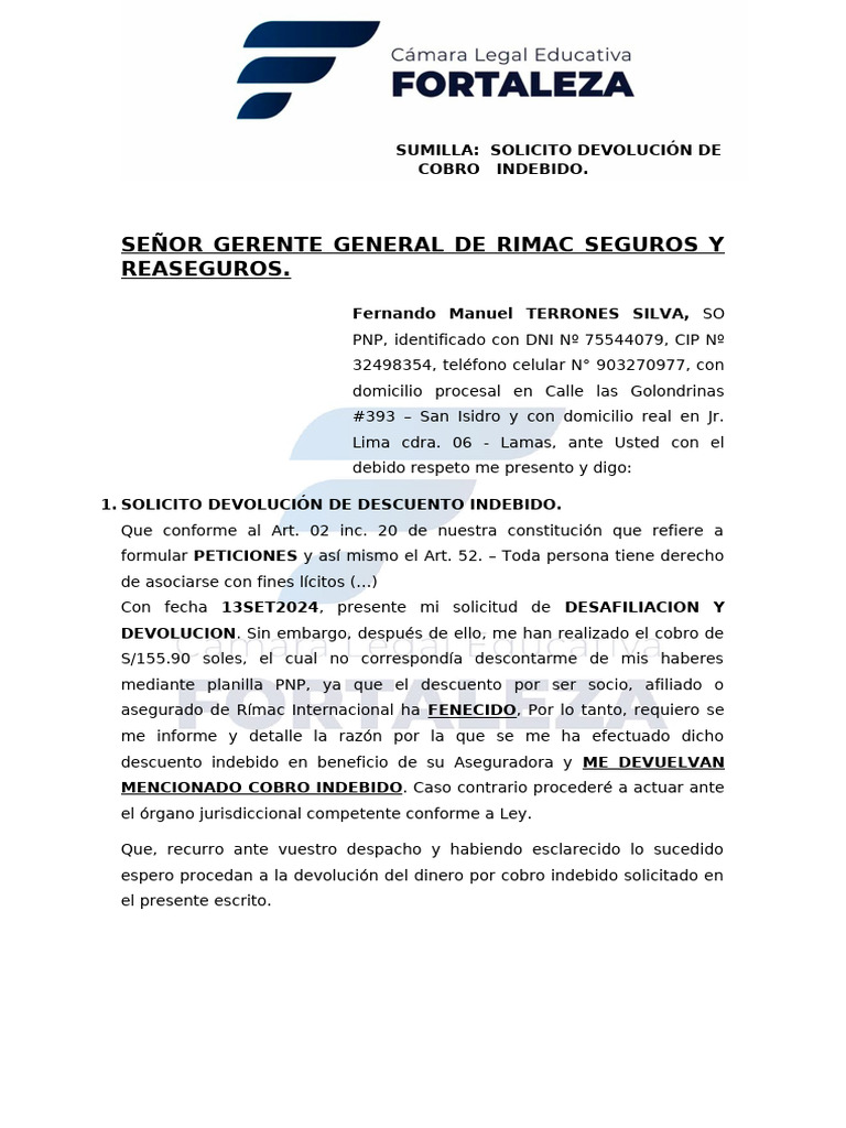 Dev. Cobro Indebido - Terrones | PDF | Derecho