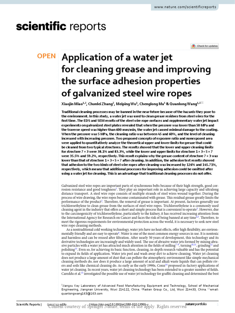 Application of A Water Jet For Cleaning Grease and | PDF | Wire | Water