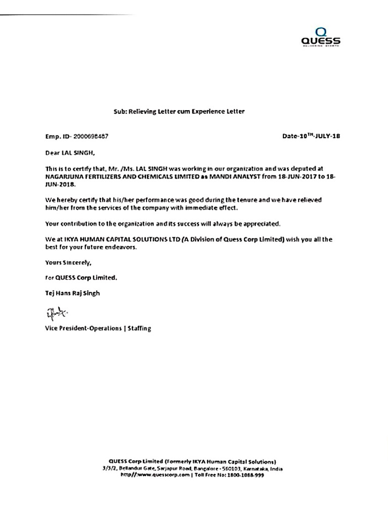 Quess Experience Letter | PDF