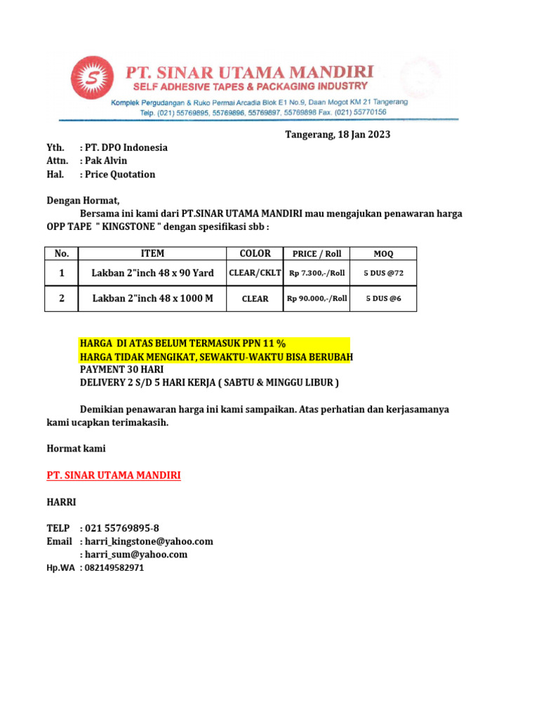 Penawaran Harga OPP Tape | PDF
