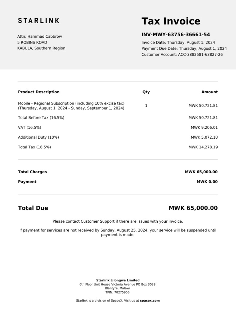 Tax Invoice for Mobile Subscription | PDF | Services (Economics) | Space X