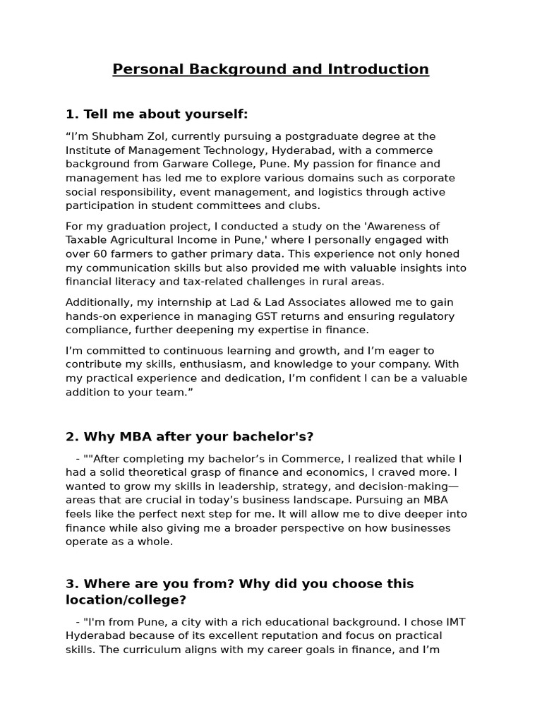 Personal background and introduction 1 tell me about yourself pdf