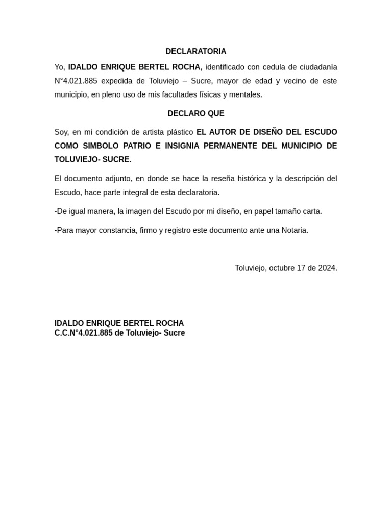 Declaración de Autoría del Escudo de Toluviejo | PDF