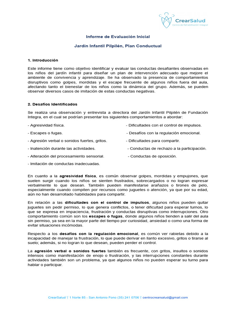 Informe de Evaluación Inicial | PDF | Las emociones | Comportamiento