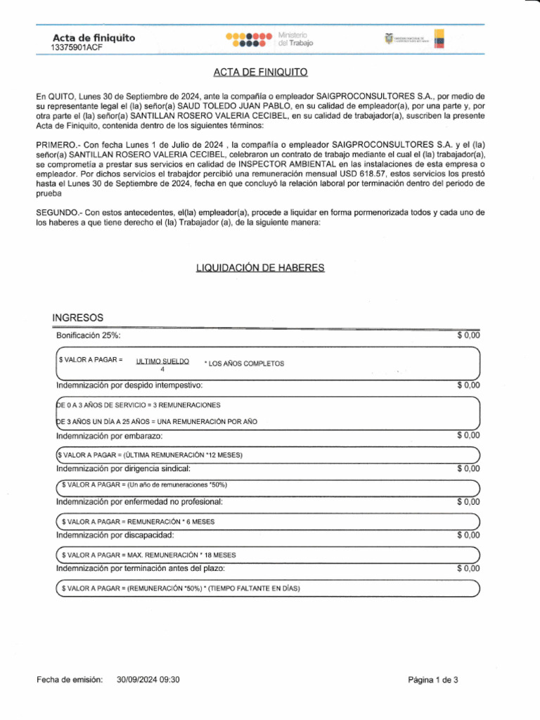 Acta de Finiquito Laboral 2024 | PDF | Labor