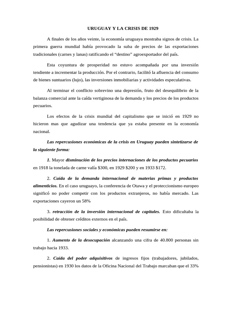 Crisis de 1929 en Uruguay: Impacto y Respuestas | PDF | Gran depresion ...