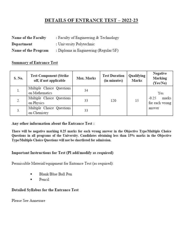 Diploma in Engineering Entrance Syllabus 2022-23 | PDF | Chemistry ...