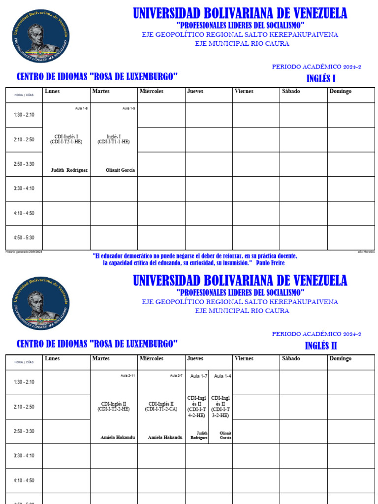 Horarios de Idiomas 2024-2 UBV | PDF