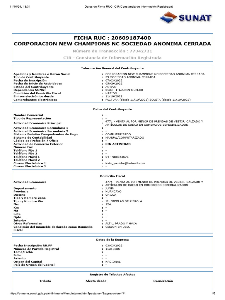 Ficha RUC de Corporación New Champions | PDF