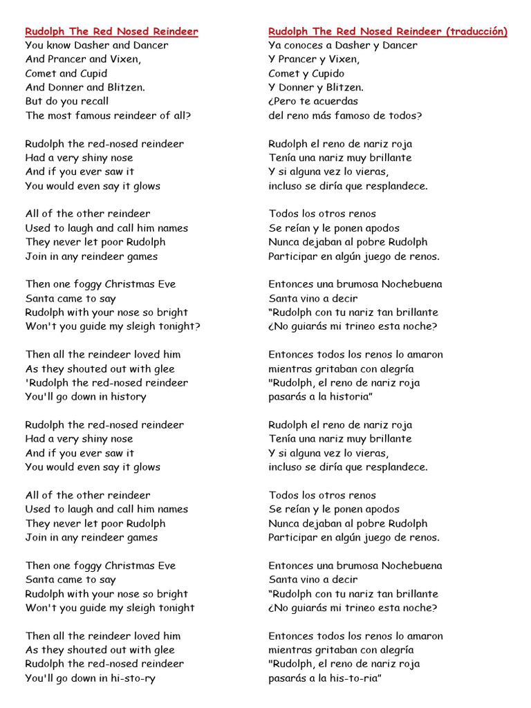 Letra Rudolph The Red Nosed Reindeer PDF Reno de santa