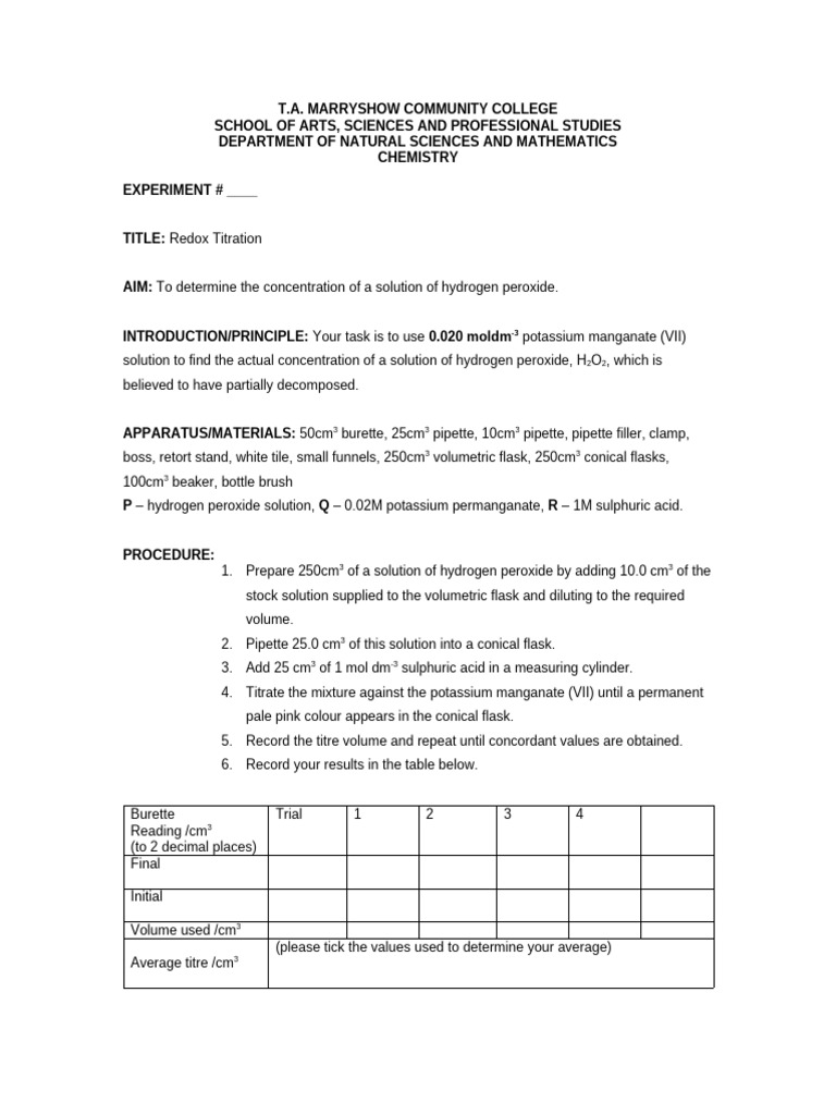 04 To determine the concentration of a solution of hydrogen peroxide