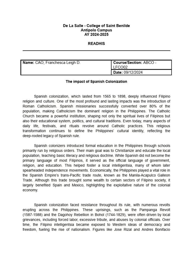 Impact of Spanish Colonization in the Philippines | PDF | Philippines ...
