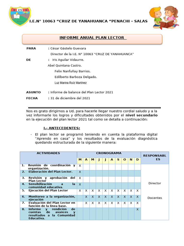 Informe De Ejecucion Del Plan Lector 2021 Pdf