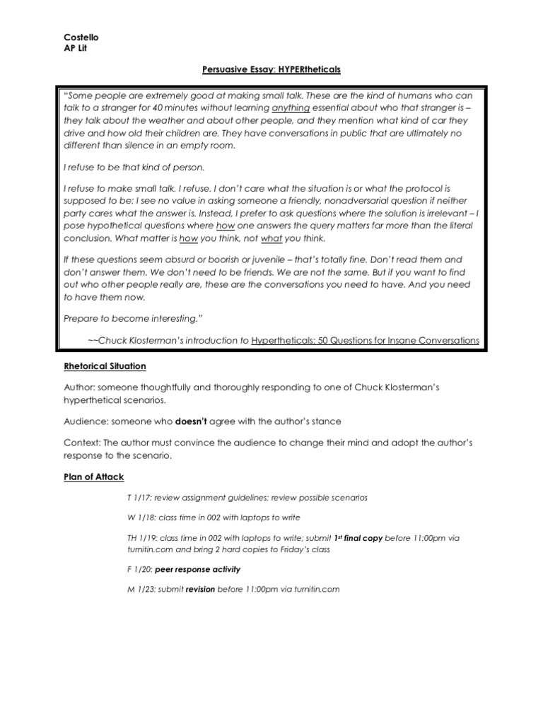 Klosterman's 50 Hypertheticals | PDF | Persuasion | Essays
