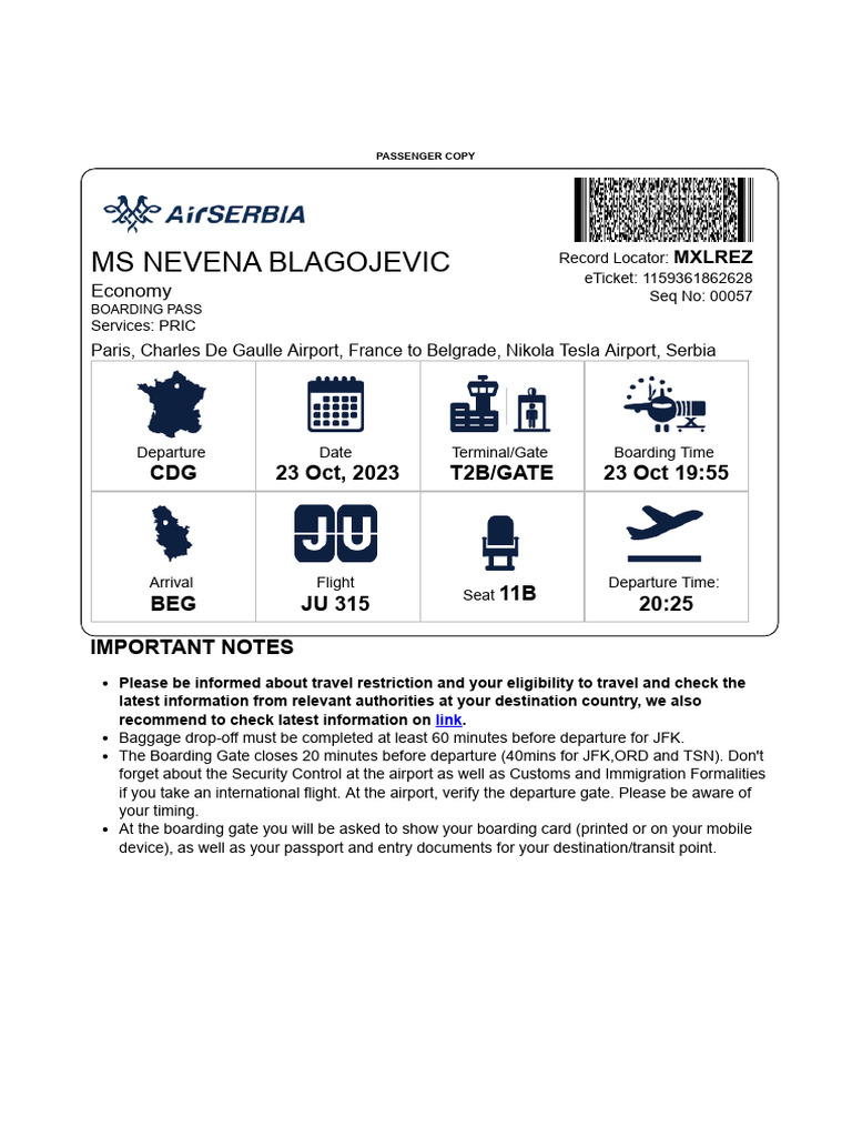 Flight JU 315 Boarding Pass Details | PDF | Transport | Aviation